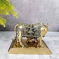 Brass Vishnu and Krishna Kamadhenu / Cow and Calf - 5.2 inch Height | Sacred Brass Vishnu and Krishna Kamadhenu / Cow and Calf Idol - Premium Quality