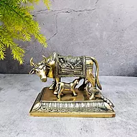 Brass Vishnu and Krishna Kamadhenu / Cow and Calf - 5.2 inch Height | Sacred Brass Vishnu and Krishna Kamadhenu / Cow and Calf Idol - Premium Quality