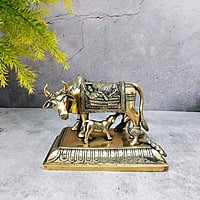 Brass Vishnu and Krishna Kamadhenu / Cow and Calf - 5.2 inch Height | Sacred Brass Vishnu and Krishna Kamadhenu / Cow and Calf Idol - Premium Quality