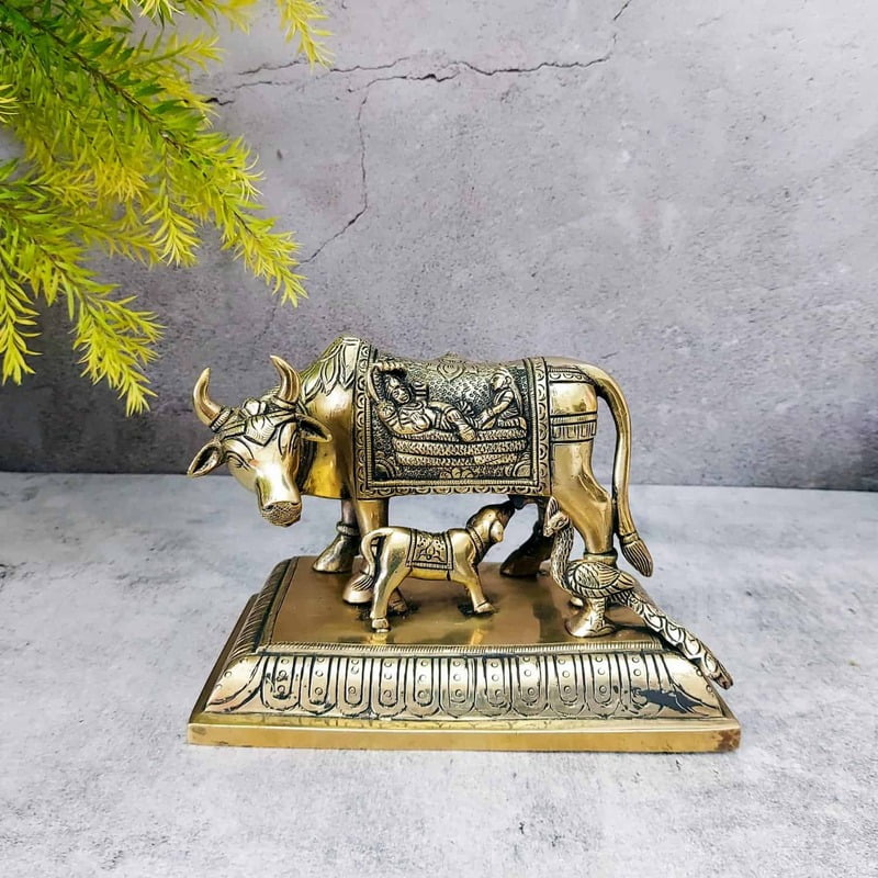 Brass Vishnu and Krishna Kamadhenu / Cow and Calf - 5.2 inch Height | Sacred Brass Vishnu and Krishna Kamadhenu / Cow and Calf Idol - Premium Quality