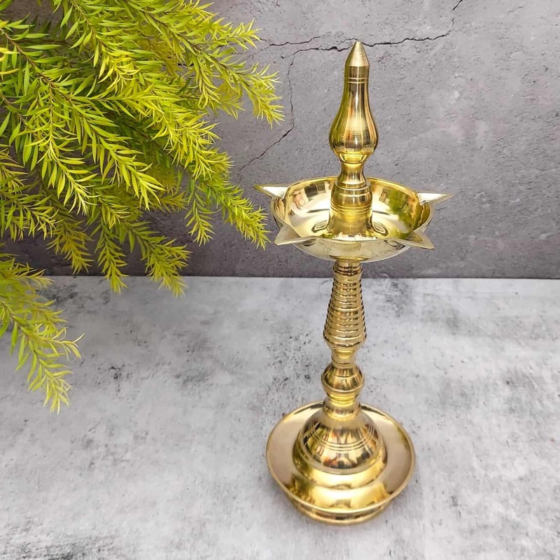 Traditional Brass Kerala Panchmukhi Kalash Deepak | Nilavilakku Oil Lamp with 5 Wicks Standing Puja Diya for Inauguration & Home Temple