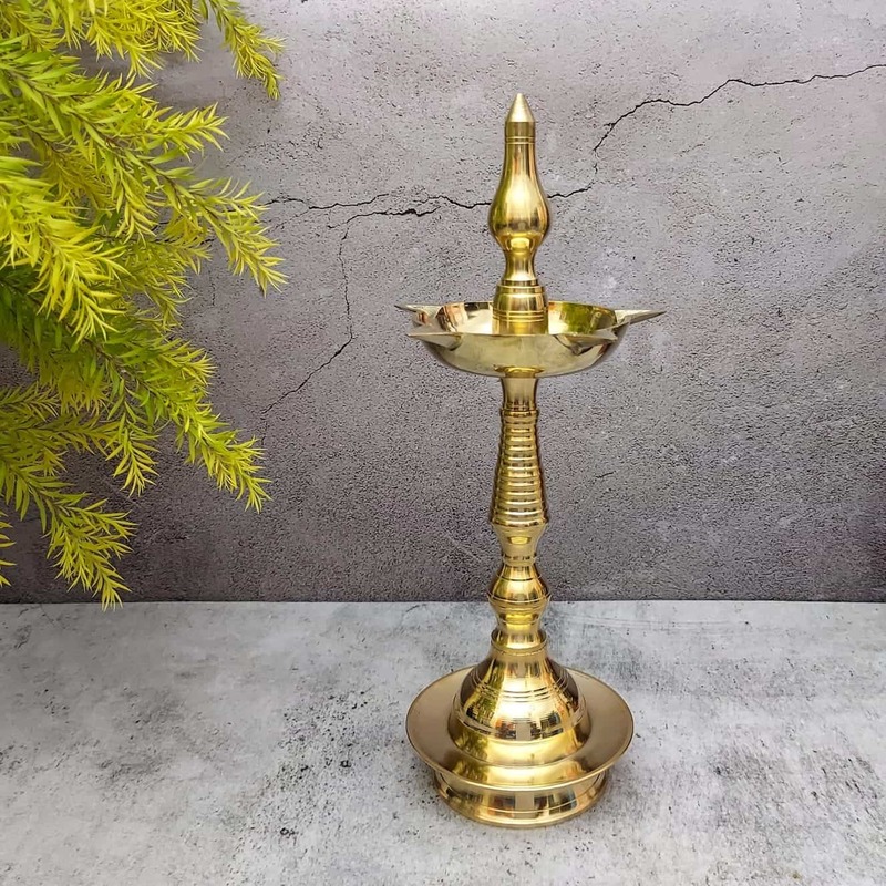 Traditional Brass Kerala Panchmukhi Kalash Deepak | Nilavilakku Oil Lamp with 5 Wicks Standing Puja Diya for Inauguration & Home Temple