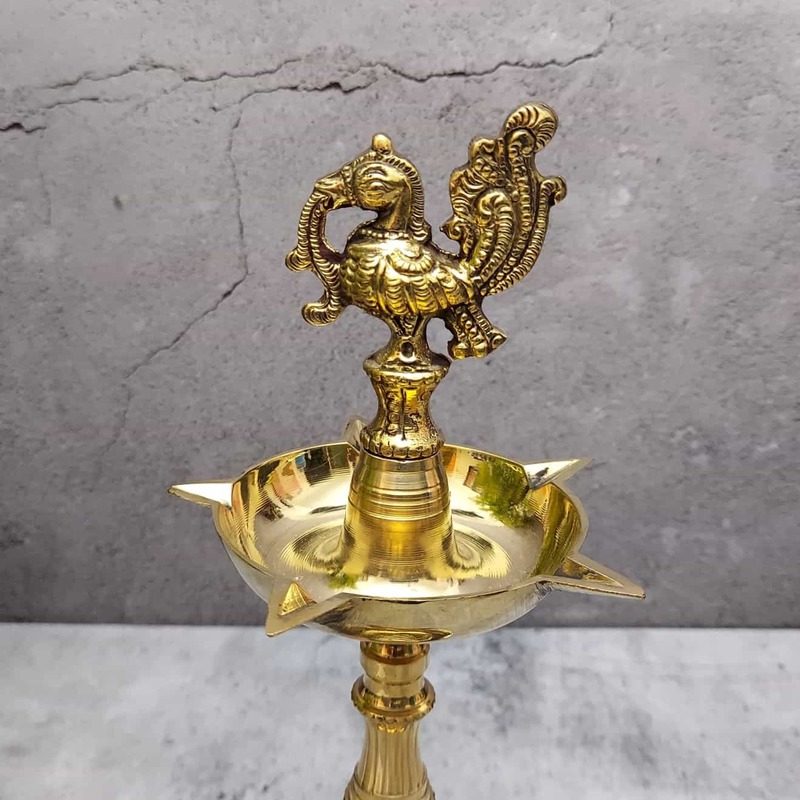 Brass Panchmukkhi Peacock Deepak, 5 Wicks Oil Lamp - 10.5 inch Height | Decorative Brass Panchmukkhi Peacock Deepak, 5 Wicks Oil Lamp - Premium Quality