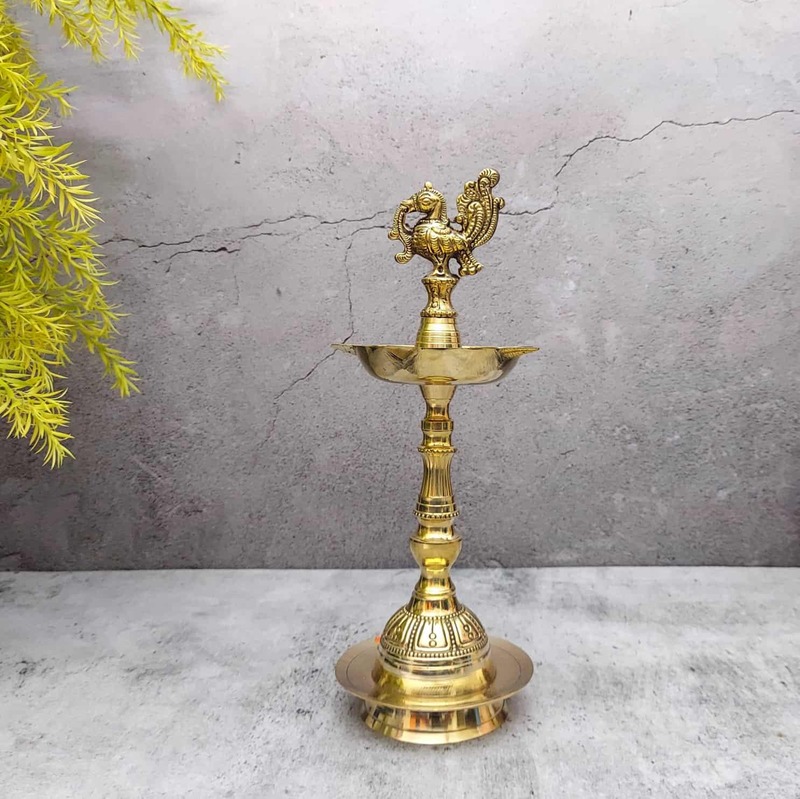 Brass Panchmukkhi Peacock Deepak, 5 Wicks Oil Lamp - 10.5 inch Height | Decorative Brass Panchmukkhi Peacock Deepak, 5 Wicks Oil Lamp - Premium Quality