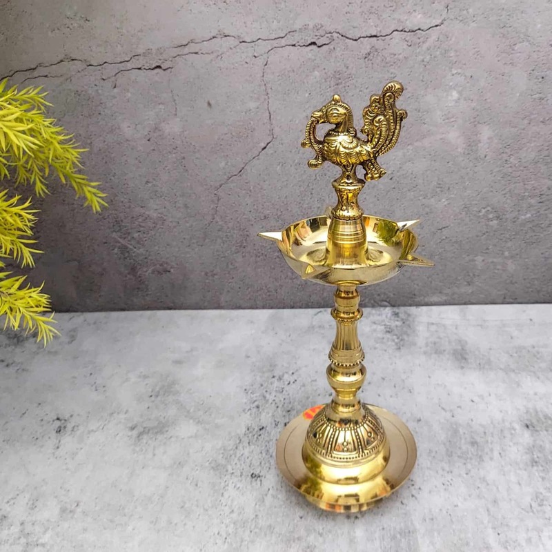 Brass Panchmukkhi Peacock Deepak, 5 Wicks Oil Lamp - 10.5 inch Height | Decorative Brass Panchmukkhi Peacock Deepak, 5 Wicks Oil Lamp - Premium Quality