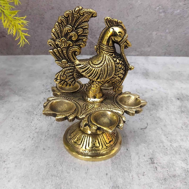 Brass Peacock Five Wick Diya - 6.5 inch Height | Brass Diya with Peacock Design for Festivals