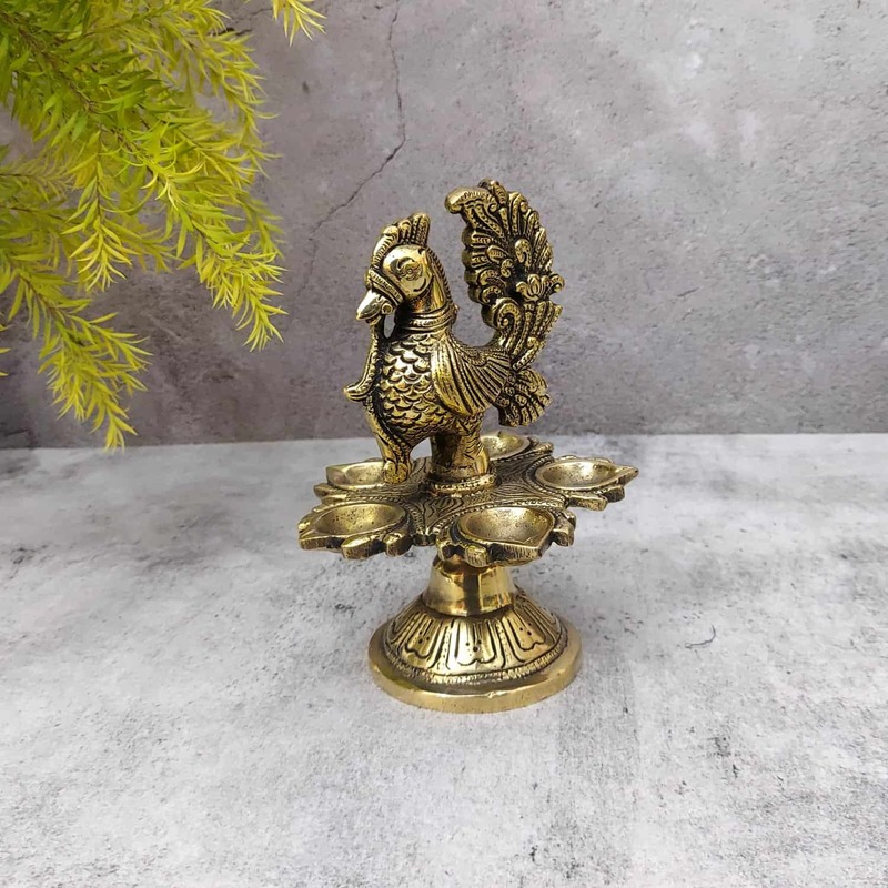 Brass Peacock Five Wick Diya - 6.5 inch Height | Brass Diya with Peacock Design for Festivals