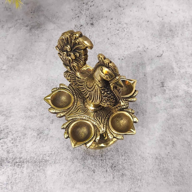 Brass Peacock Five Wick Diya - 6.5 inch Height | Brass Diya with Peacock Design for Festivals