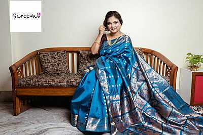 Chand buta Royal blue pure katan silk(mulberry silk) swarnachari saree