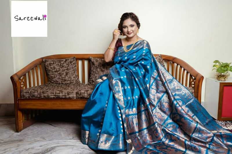 Chand buta Royal blue pure katan silk(mulberry silk) swarnachari saree