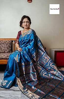 Chand buta Royal blue pure katan silk(mulberry silk) swarnachari saree