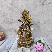 Brass Fine Cow Krishna with Flute - 12 inch Height | Artistic Beauty