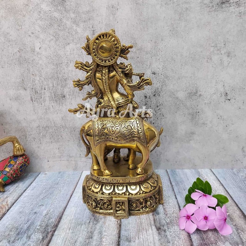 Brass Fine Cow Krishna with Flute - 12 inch Height | Artistic Beauty