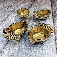 Brass Antique Mango Diya - Pair - 1 inch Height | Vintage Charm