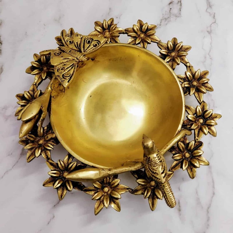 Brass Flower Urli Bowl with Bird and Butterfly - 3 inch Height | Natural Beauty