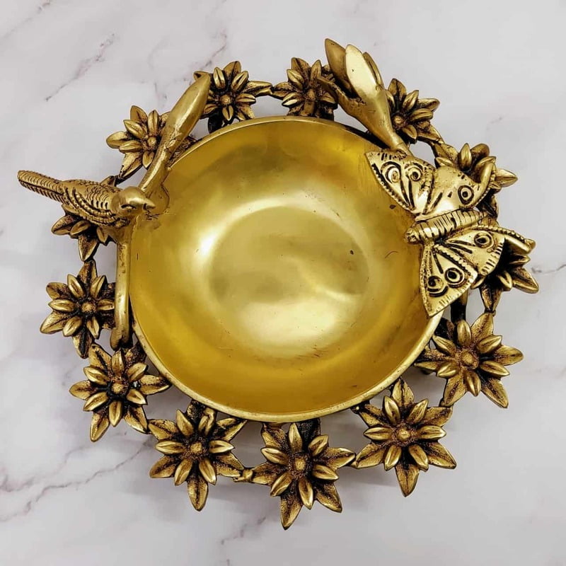 Brass Flower Urli Bowl with Bird and Butterfly - 3 inch Height | Natural Beauty