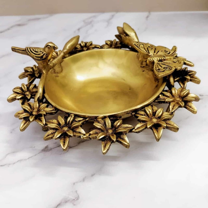 Brass Flower Urli Bowl with Bird and Butterfly - 3 inch Height | Natural Beauty
