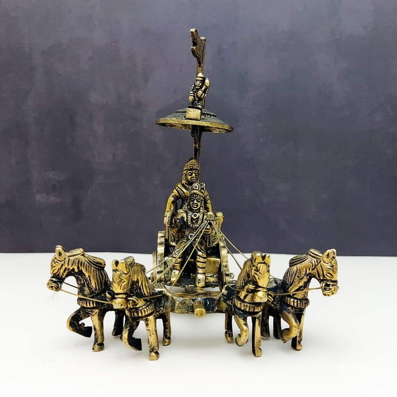 Brass Arjun and Krishna Rath - 7 inch Height | Divine Chariot of Arjuna and Krishna