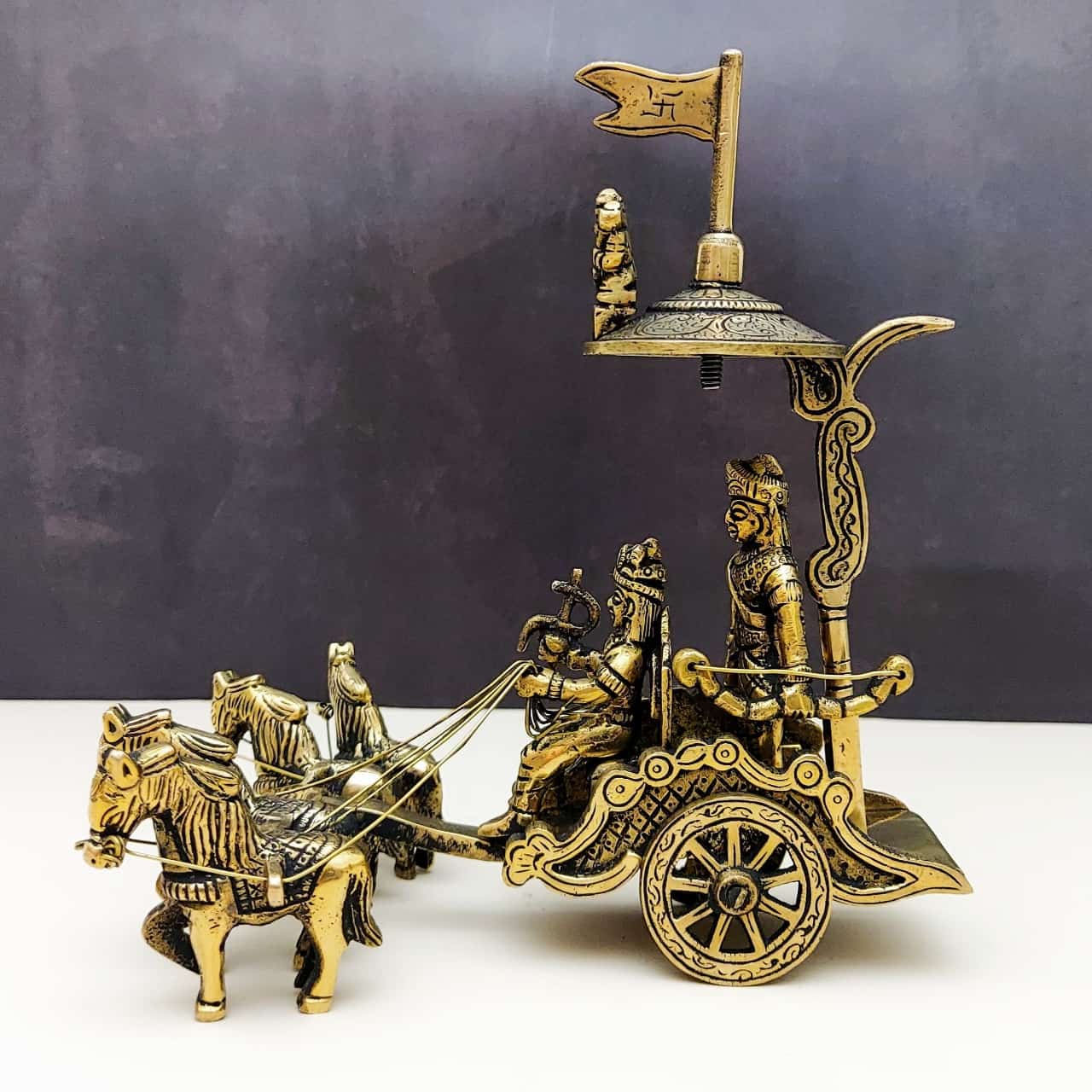 Brass Arjun and Krishna Rath - 7 inch Height | Divine Chariot of Arjuna and Krishna