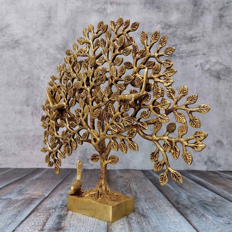 Brass Kalpavriksh Tree with Birds - 11 inch Height | Auspicious Brass Sculpture for Positive Vibes