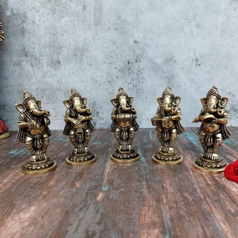 Brass Ganesha Musical Set of 5 Idols - 5.5 inch Height | Melodious Brass Idols for Prosperity