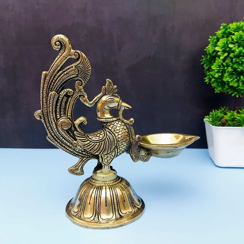 Brass Peacock Single Wick Diya - 7.5 inch Height | Elegant Brass Diya for Spiritual Lighting
