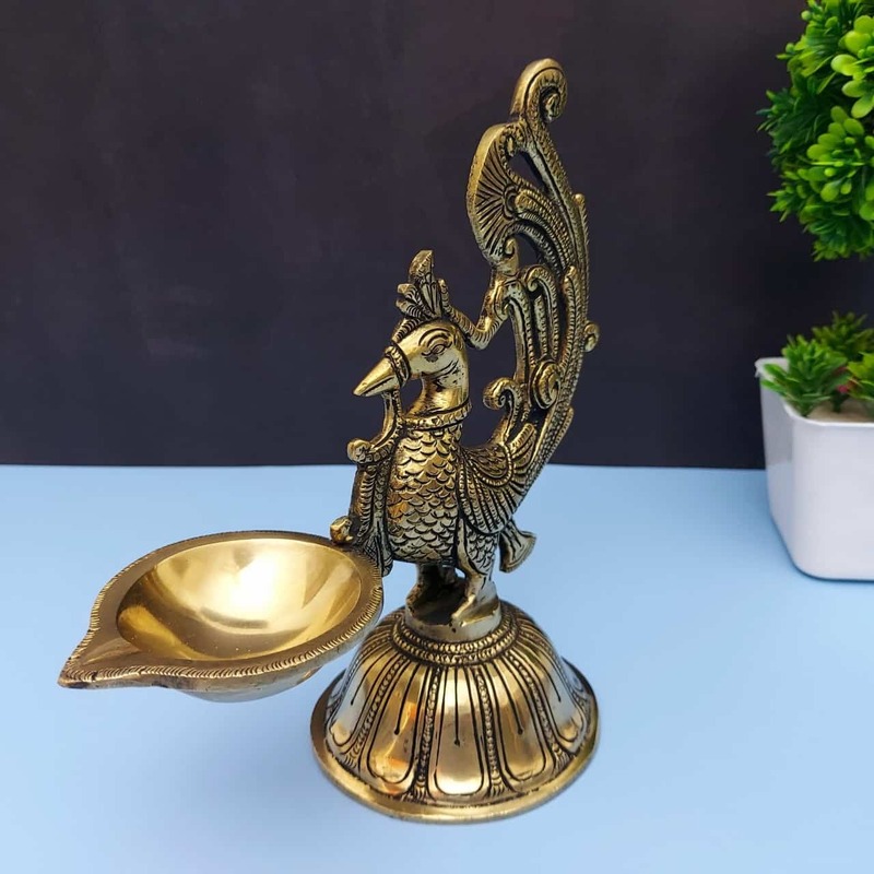 Brass Peacock Single Wick Diya - 7.5 inch Height | Elegant Brass Diya for Spiritual Lighting