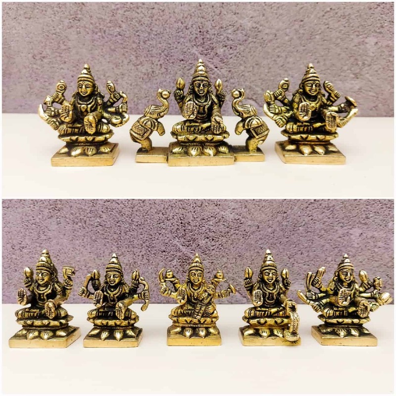 Brass Asta Lakshmi Set - 2 inch Height | Miniature Brass Asta Lakshmi Statue Set for Puja Room