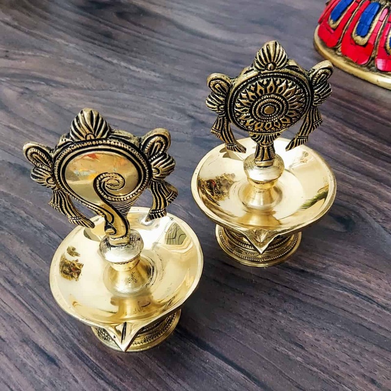 Brass Shankhchakra Diya Set - 6 inch Height | Traditional Brass Shankhchakra Diya Set for Lighting