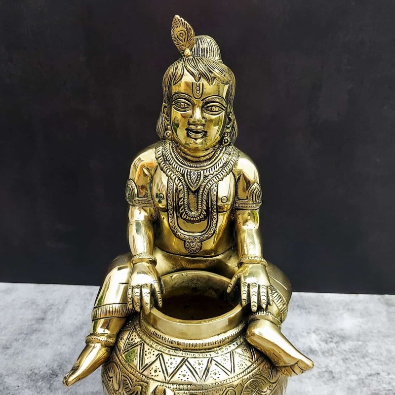 Brass Bala Krishna Sitting on Matka | Pot Krishna - 14 inch Height | Beautiful Brass Bala Krishna Statue