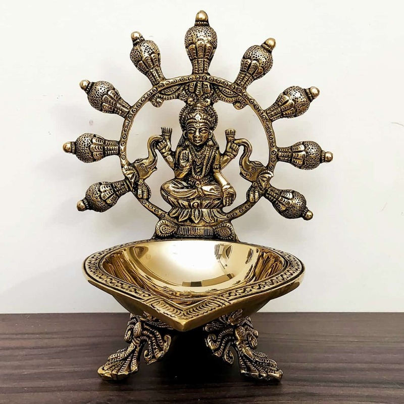Brass Gaja Lakshmi Diya - 8 inch Height - 8.2 inch Height | Decorative Brass Diya with Gaja Lakshmi Design