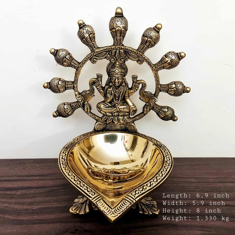 Brass Gaja Lakshmi Diya - 8 inch Height - 8.2 inch Height | Decorative Brass Diya with Gaja Lakshmi Design