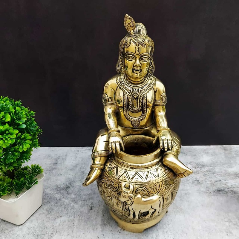 Brass Bala Krishna Sitting on Matka | Pot Krishna - 14 inch Height | Beautiful Brass Bala Krishna Statue