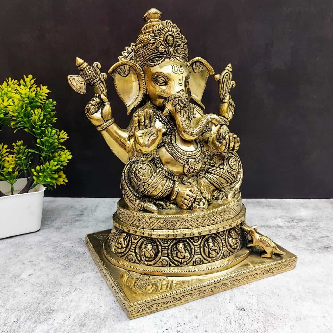 Brass Ganesha Idol - 13 inch Height | Auspicious Brass Ganesha Statue for Pujas