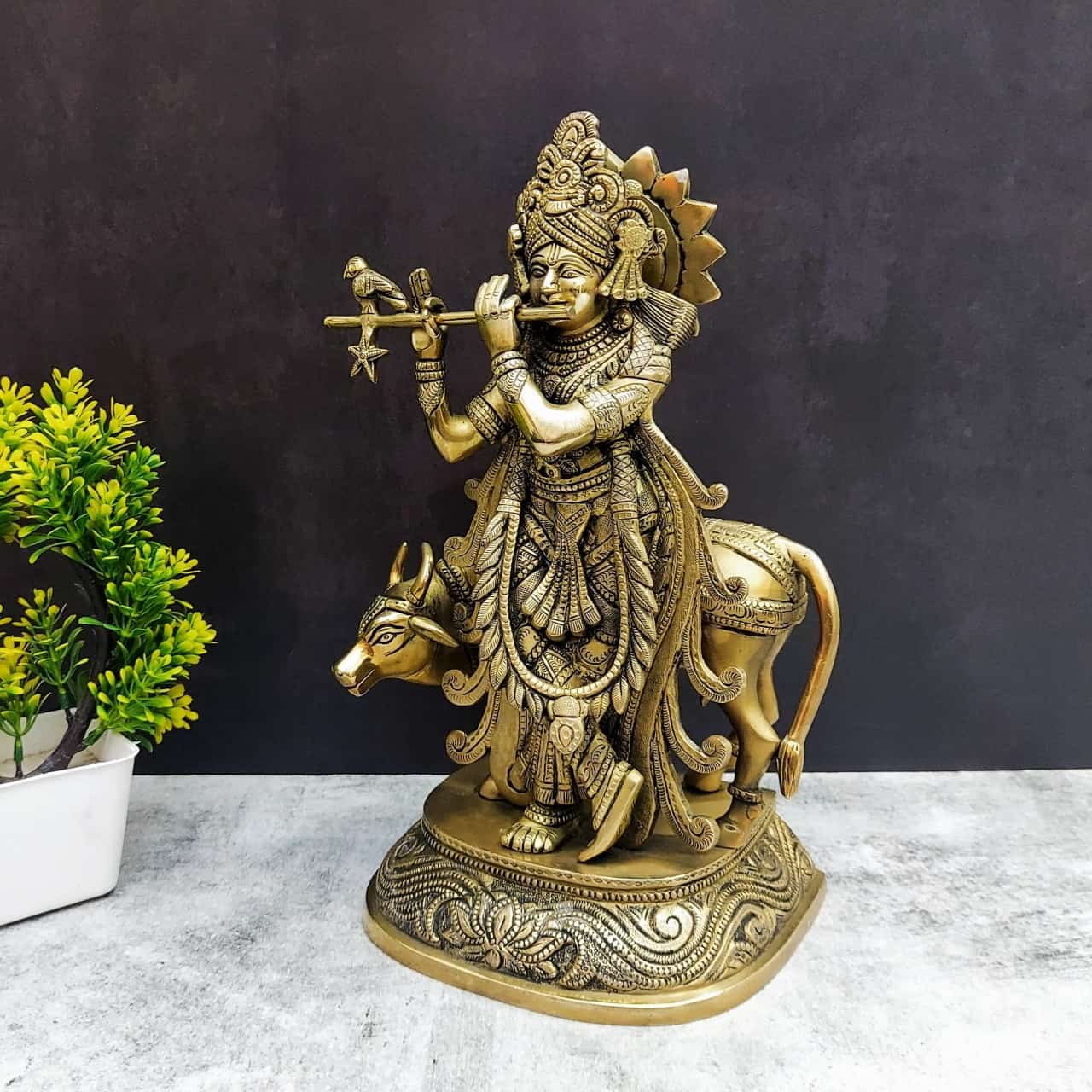 Brass Cow Krishna - 13.5 inch Height | Divine Brass Cow Krishna Idol for Home Decor