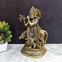 Brass Cow Krishna - 13.5 inch Height | Divine Brass Cow Krishna Idol for Home Decor