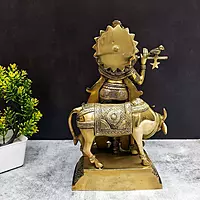 Brass Cow Krishna - 13.5 inch Height | Divine Brass Cow Krishna Idol for Home Decor