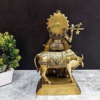 Brass Cow Krishna - 13.5 inch Height | Divine Brass Cow Krishna Idol for Home Decor