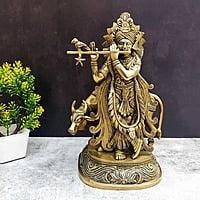 Brass Cow Krishna - 13.5 inch Height | Divine Brass Cow Krishna Idol for Home Decor