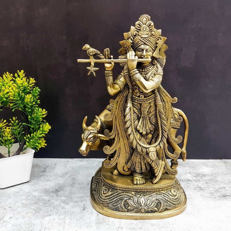 Brass Cow Krishna - 13.5 inch Height | Divine Brass Cow Krishna Idol for Home Decor