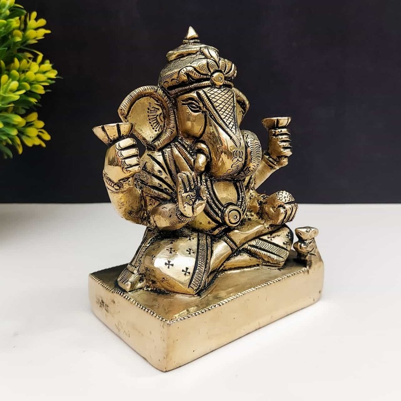 Brass Solid Ganesha Idol - 5.5 inch Height | Sacred Brass Ganesha Statue for Worship