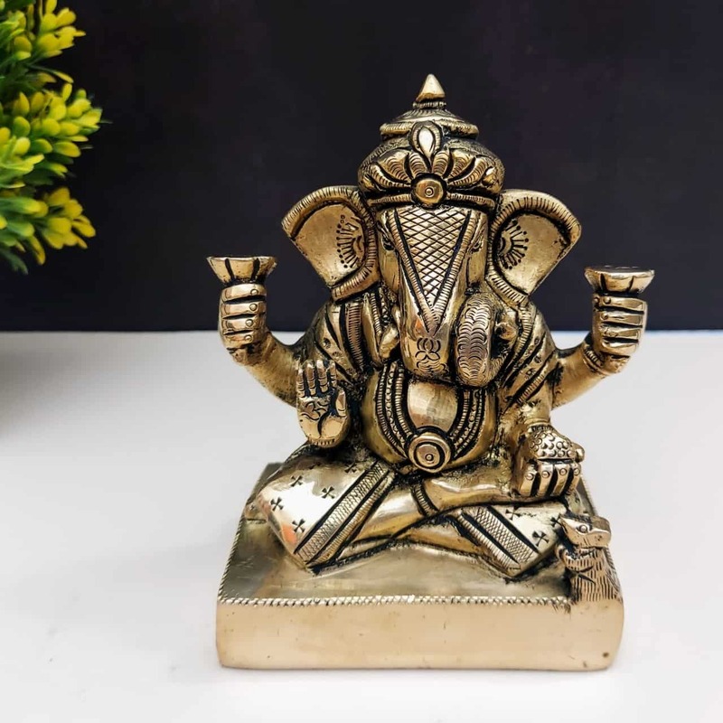 Brass Solid Ganesha Idol - 5.5 inch Height | Sacred Brass Ganesha Statue for Worship