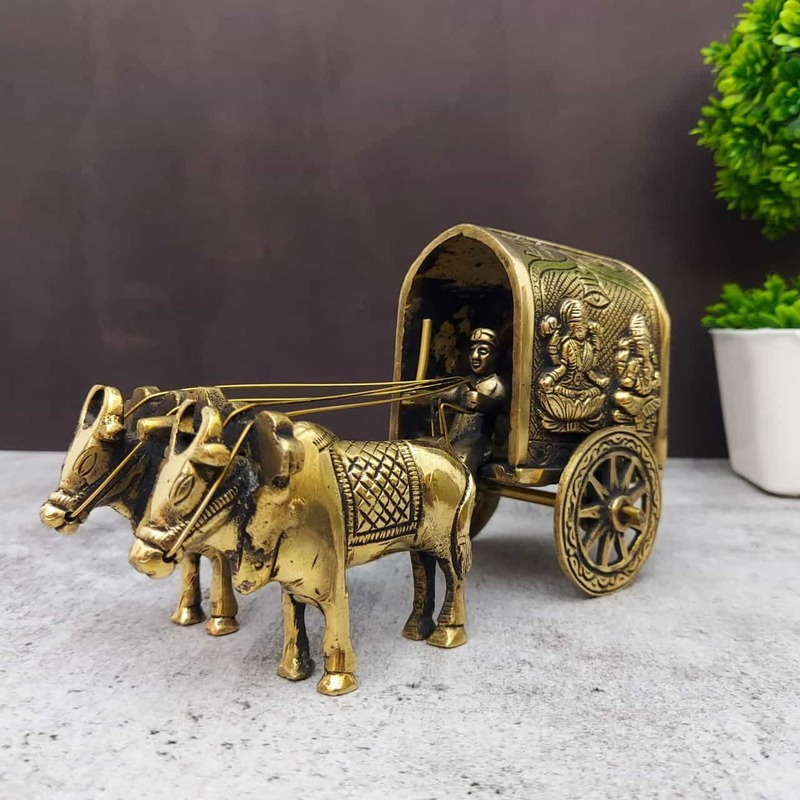 Brass Lakshmi Ganesha Double Bullock Cart - 4 inch Height | Divine Brass Sculpture for Prosperity