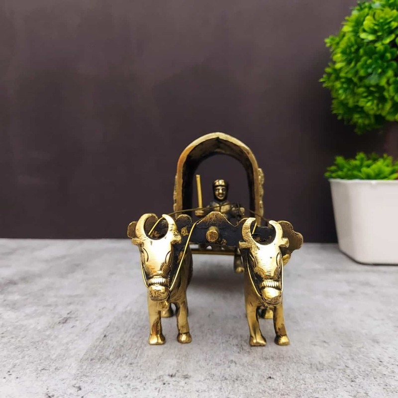 Brass Lakshmi Ganesha Double Bullock Cart - 4 inch Height | Divine Brass Sculpture for Prosperity