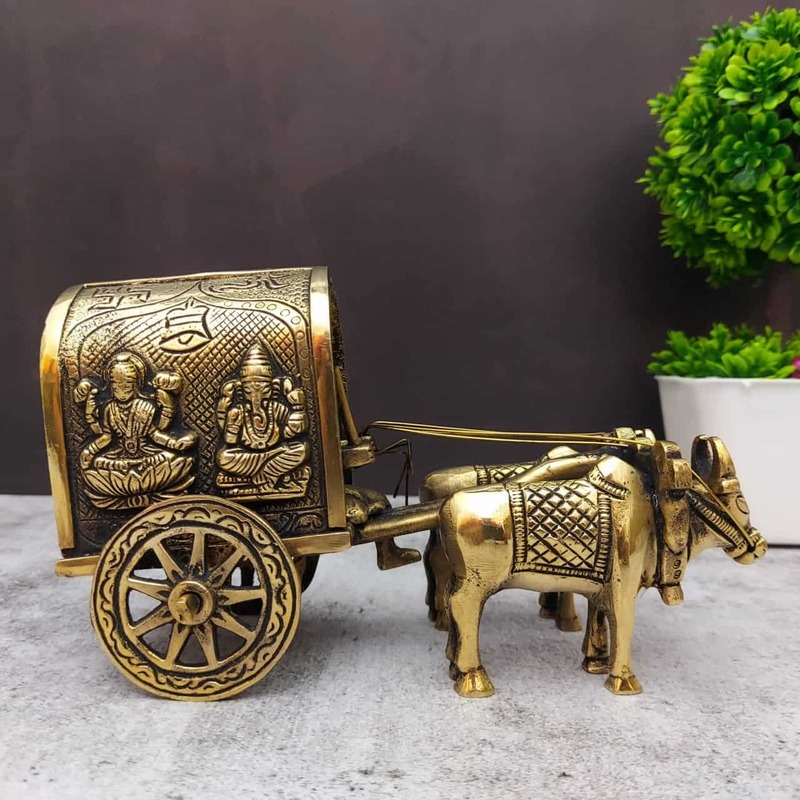 Brass Lakshmi Ganesha Double Bullock Cart - 4 inch Height | Divine Brass Sculpture for Prosperity