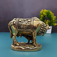 Brass Kamadhenu Cow and Calf - 4 inch Height | Sacred Brass Figurine for Blessings and Abundance
