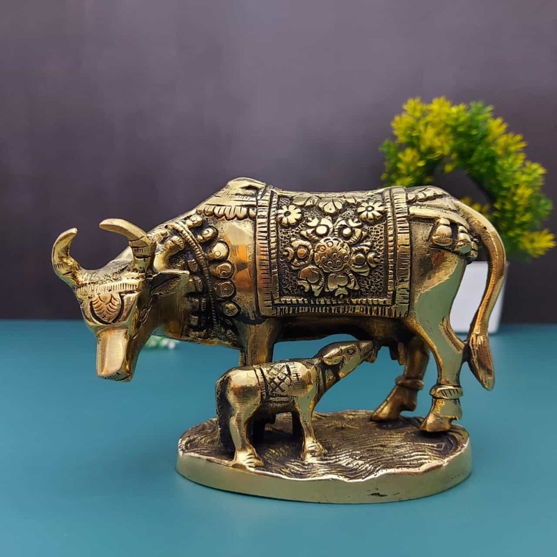 Brass Kamadhenu Cow and Calf - 4 inch Height | Sacred Brass Figurine for Blessings and Abundance