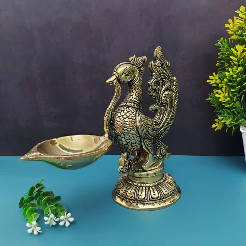 Brass Peacock Single Wick Diya - 7.5" Height | Exquisite Brass Diya with Peacock Design