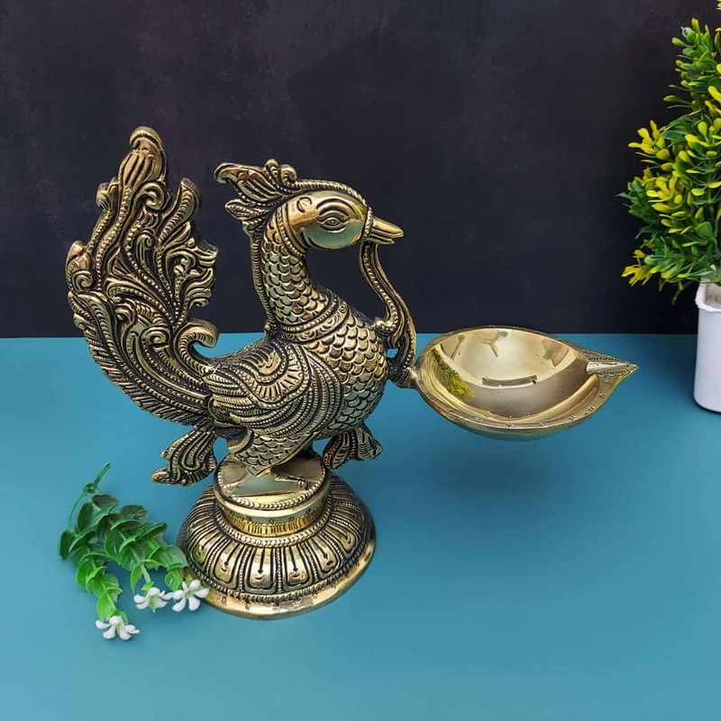 Brass Peacock Single Wick Diya - 7.5" Height | Exquisite Brass Diya with Peacock Design