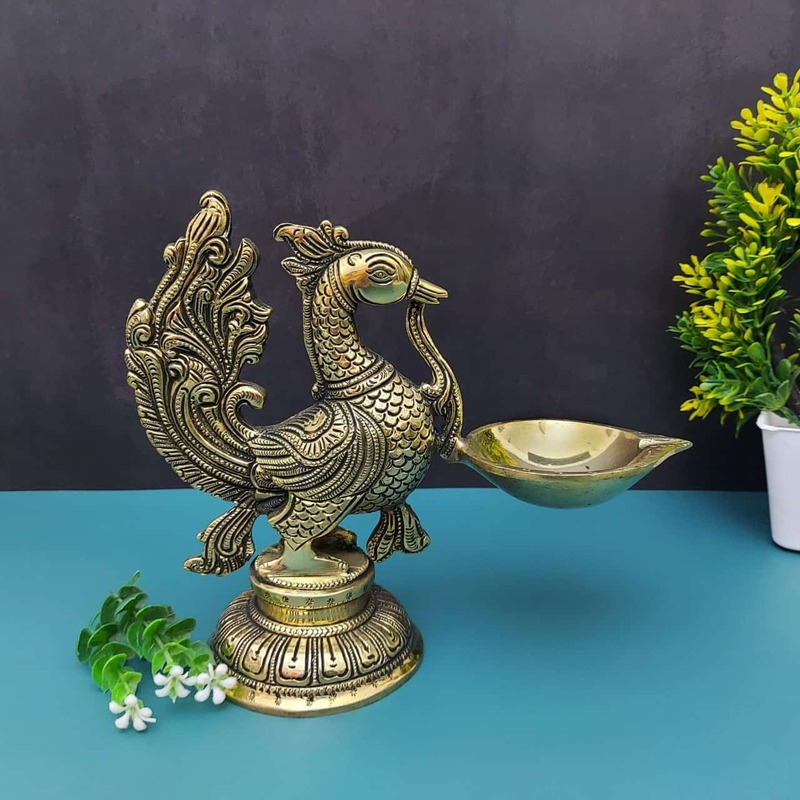 Brass Peacock Single Wick Diya - 7.5" Height | Exquisite Brass Diya with Peacock Design